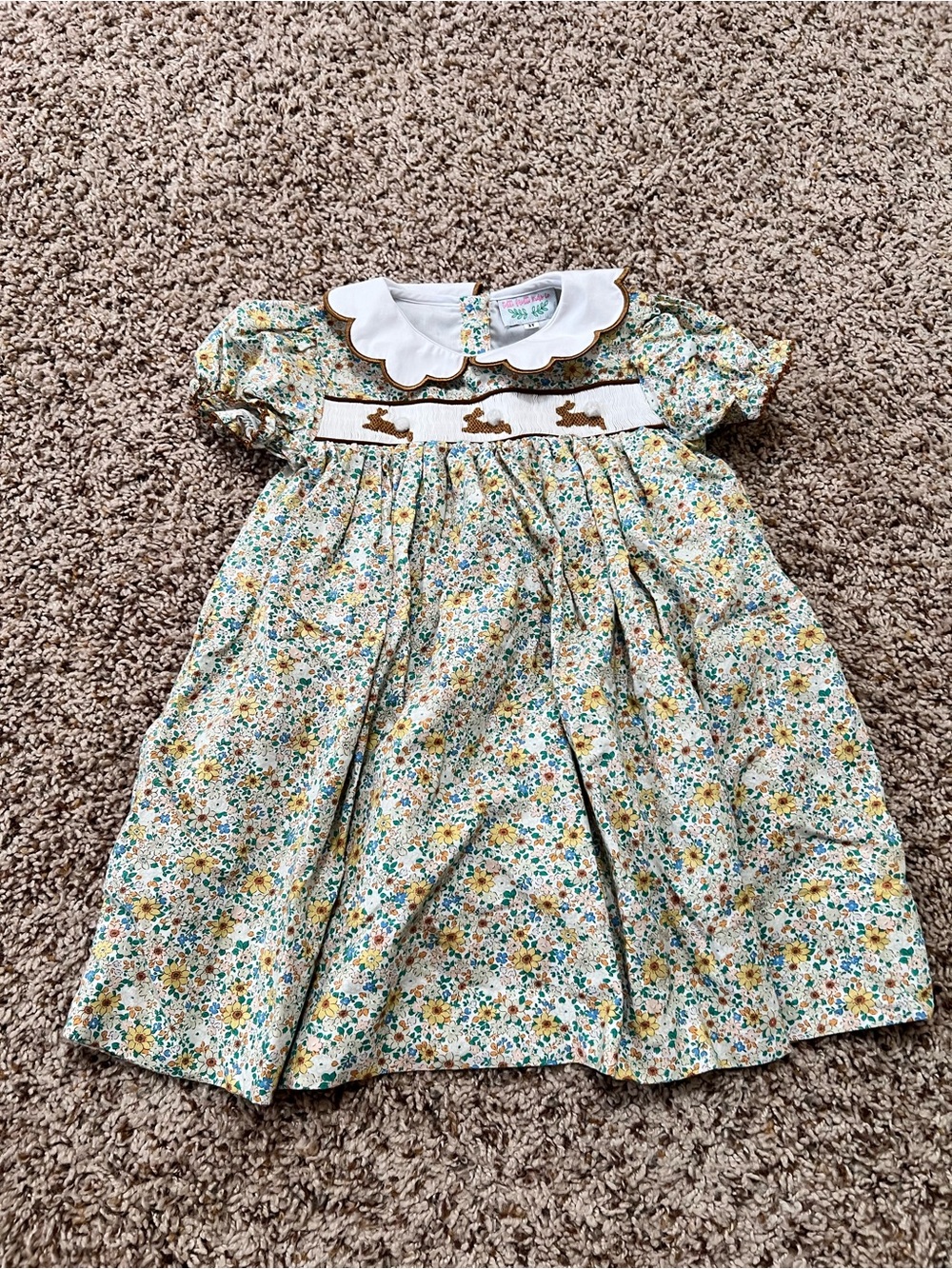 Smocked Floral Cotton Dress with Bunny Detail - Yellow/Green Size 3T